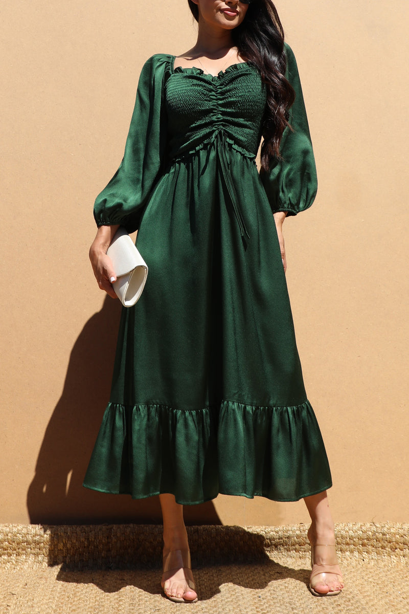 DD7451, SMOCKED TOP SATIN MIDI DRESSES