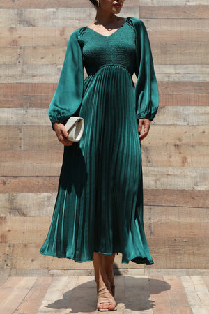 DD7458, SMOCKED TOP SATIN MIDI DRESSES