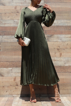 DD7458, SMOCKED TOP SATIN MIDI DRESSES