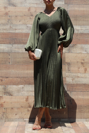 DD7458, SMOCKED TOP SATIN MIDI DRESSES