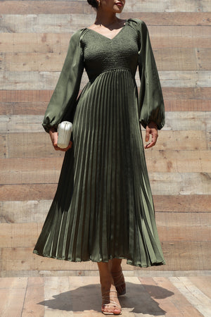 DD7458, SMOCKED TOP SATIN MIDI DRESSES