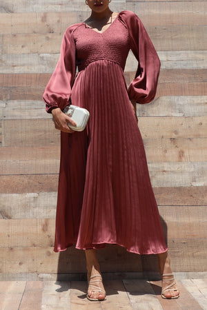 DD7458, SMOCKED TOP SATIN MIDI DRESSES