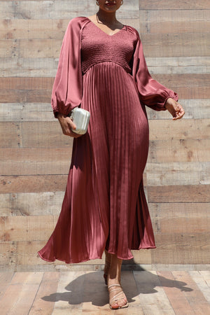 DD7458, SMOCKED TOP SATIN MIDI DRESSES