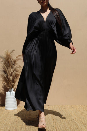 DD4923, PLEATED V NECK SATIN LONG DRESS