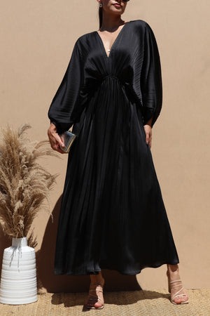 DD4923, PLEATED V NECK SATIN LONG DRESS