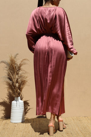 DD4923, PLEATED V NECK SATIN LONG DRESS