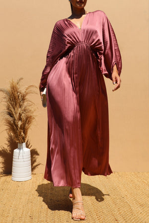 DD4923, PLEATED V NECK SATIN LONG DRESS