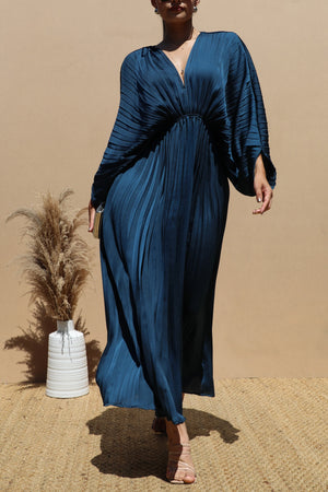 DD4923, PLEATED V NECK SATIN LONG DRESS