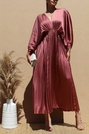 DD4923, PLEATED V NECK SATIN LONG DRESS