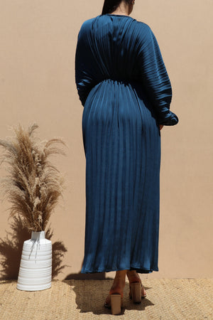DD4923, PLEATED V NECK SATIN LONG DRESS
