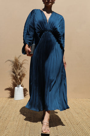DD4923, PLEATED V NECK SATIN LONG DRESS