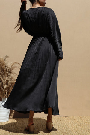DD4923, PLEATED V NECK SATIN LONG DRESS