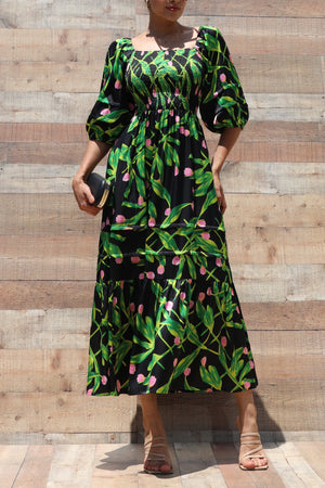 DD6328, PRINTED SMOCKED TOP SATIN LONG DRESS