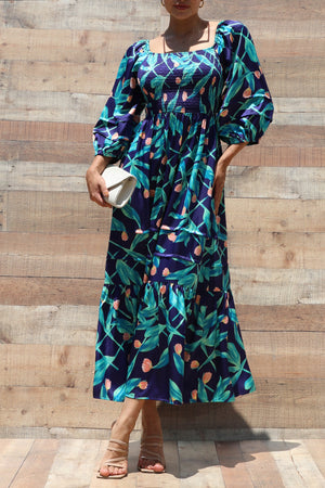 DD6328, PRINTED SMOCKED TOP SATIN LONG DRESS