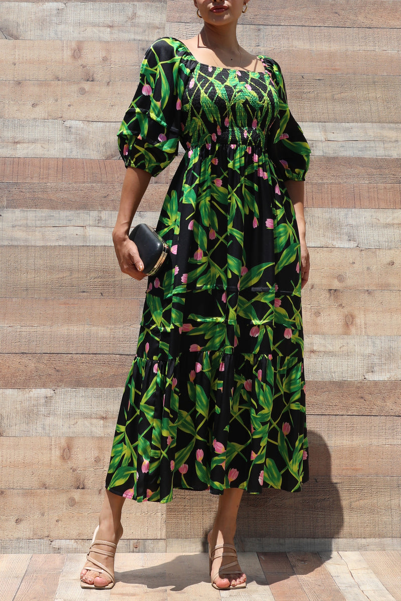 DD6328, PRINTED SMOCKED TOP SATIN LONG DRESS