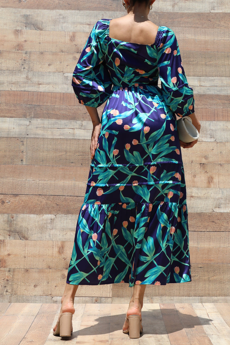 DD6328, PRINTED SMOCKED TOP SATIN LONG DRESS