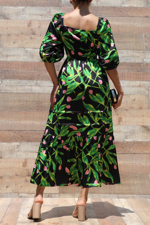 DD6328, PRINTED SMOCKED TOP SATIN LONG DRESS