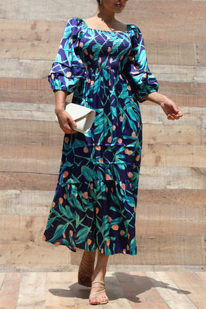 DD6328, PRINTED SMOCKED TOP SATIN LONG DRESS