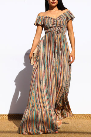 DD7070, SMOCKED OFF SHOULDER FLARED MAXI DRESS