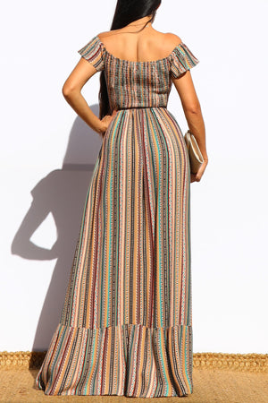DD7070, SMOCKED OFF SHOULDER FLARED MAXI DRESS