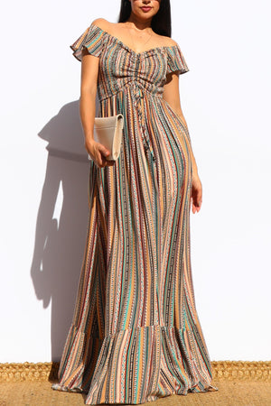 DD7070, SMOCKED OFF SHOULDER FLARED MAXI DRESS