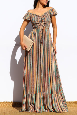 DD7070, SMOCKED OFF SHOULDER FLARED MAXI DRESS