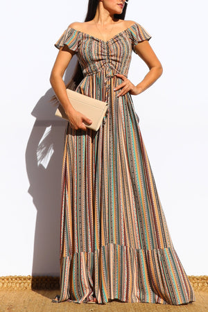 DD7070, SMOCKED OFF SHOULDER FLARED MAXI DRESS