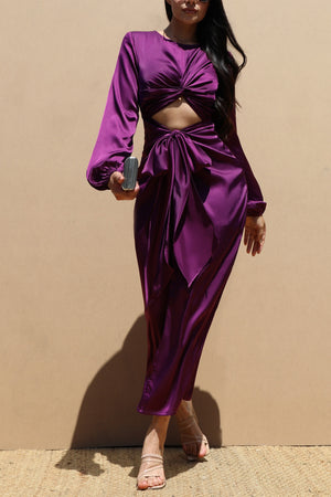 DD4061, TIE FRONT SATIN MIDI DRESS