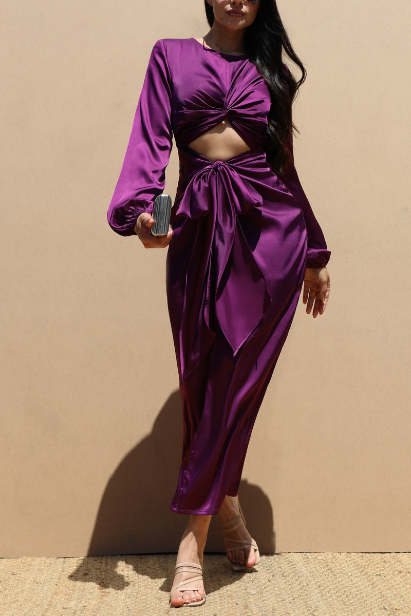 DD4061, TIE FRONT SATIN MIDI DRESS
