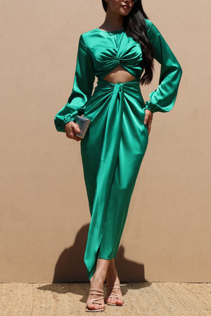 DD4061, TIE FRONT SATIN MIDI DRESS