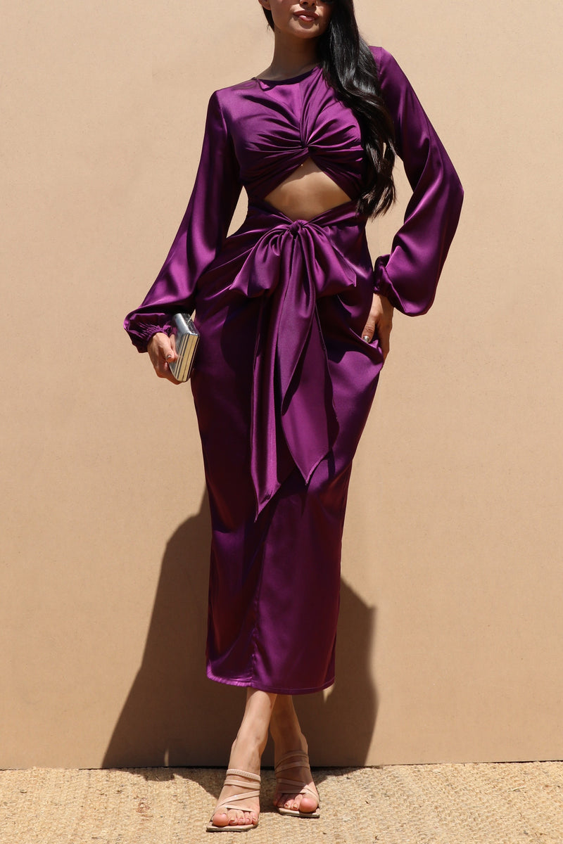 DD4061, TIE FRONT SATIN MIDI DRESS