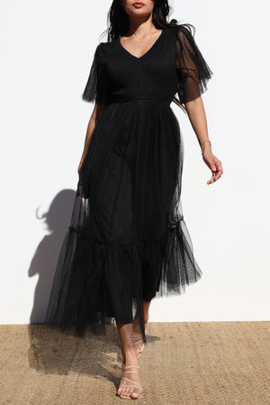 DD4650, RUFFLED MESH LONG DRESS
