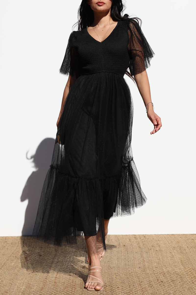 DD4650, RUFFLED MESH LONG DRESS
