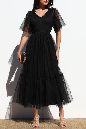 DD4650, RUFFLED MESH LONG DRESS