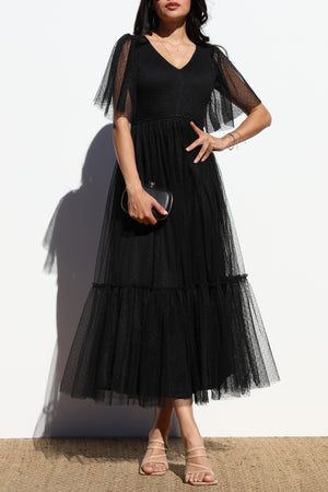 DD4650, RUFFLED MESH LONG DRESS
