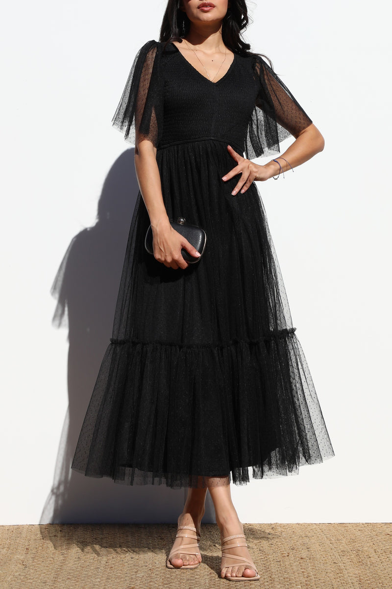 DD4650, RUFFLED MESH LONG DRESS