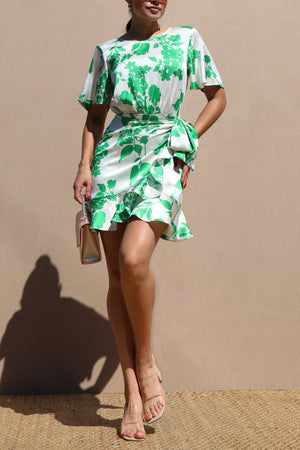 DD6508, PRINTED WRAP SATIN MINI DRESS