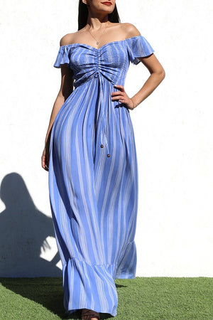 DD7110, STRIPED OFF SHOULDER MAXI DRESS