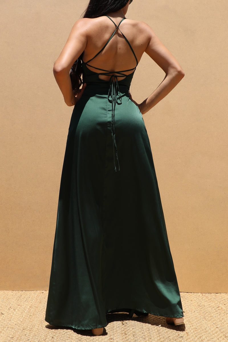 DD7579, RUFFLED SATIN MAXI DRESS