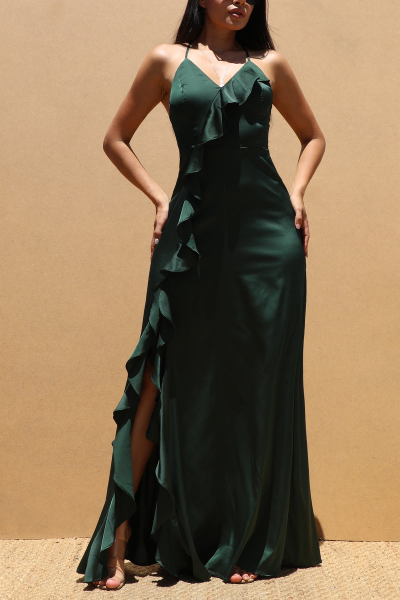 DD7579, RUFFLED SATIN MAXI DRESS