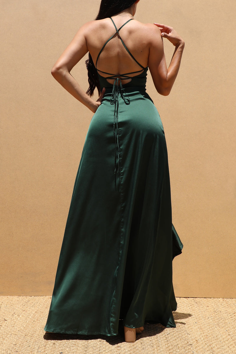 DD7579, RUFFLED SATIN MAXI DRESS