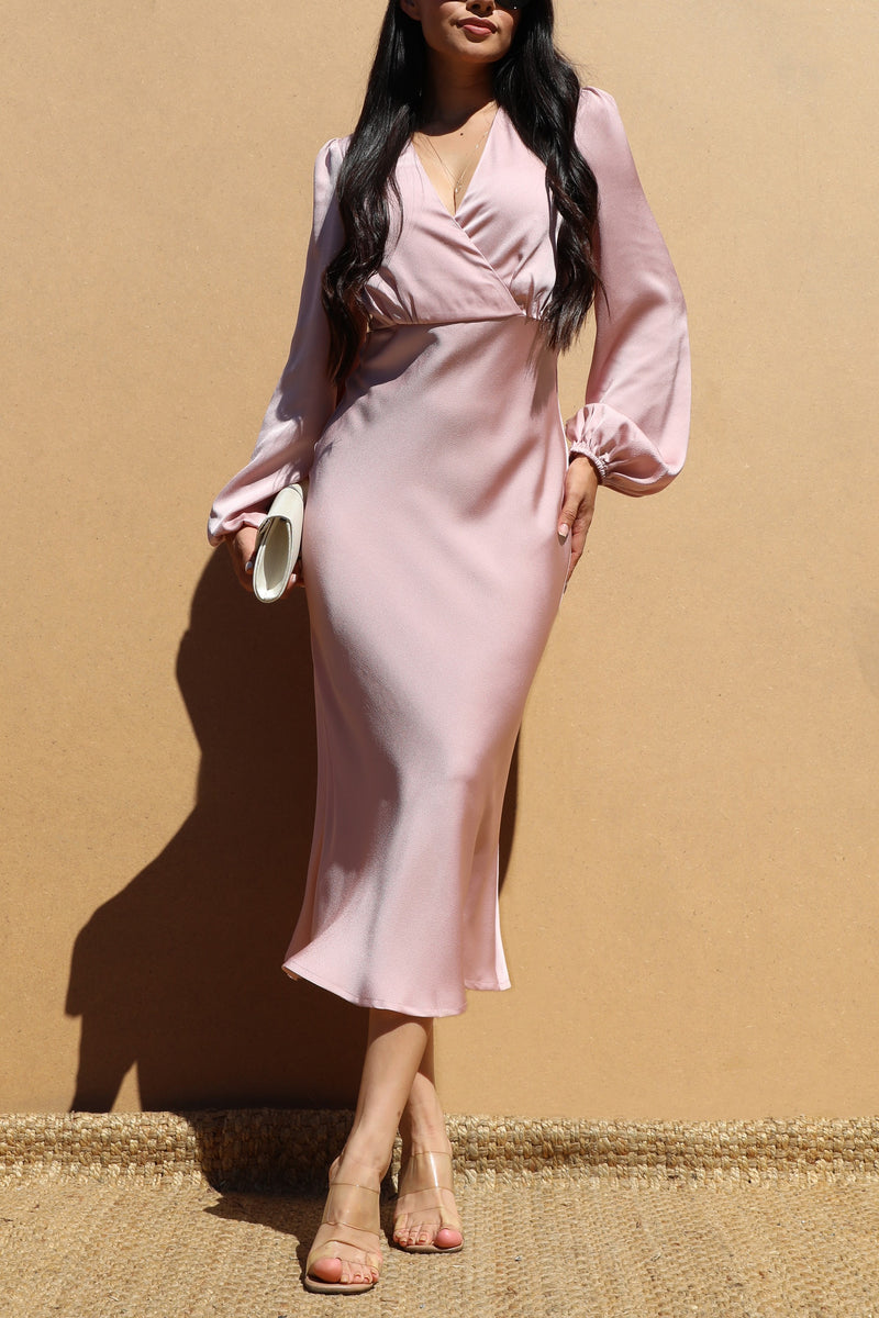 DD7485, V NECK SATIN MIDI DRESS