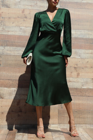 DD7485, V NECK SATIN MIDI DRESS