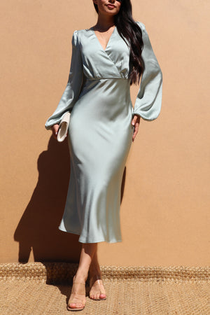 DD7485, V NECK SATIN MIDI DRESS