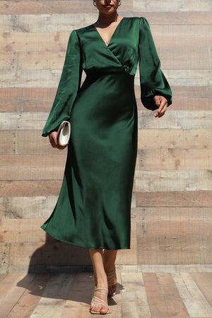 DD7485, V NECK SATIN MIDI DRESS