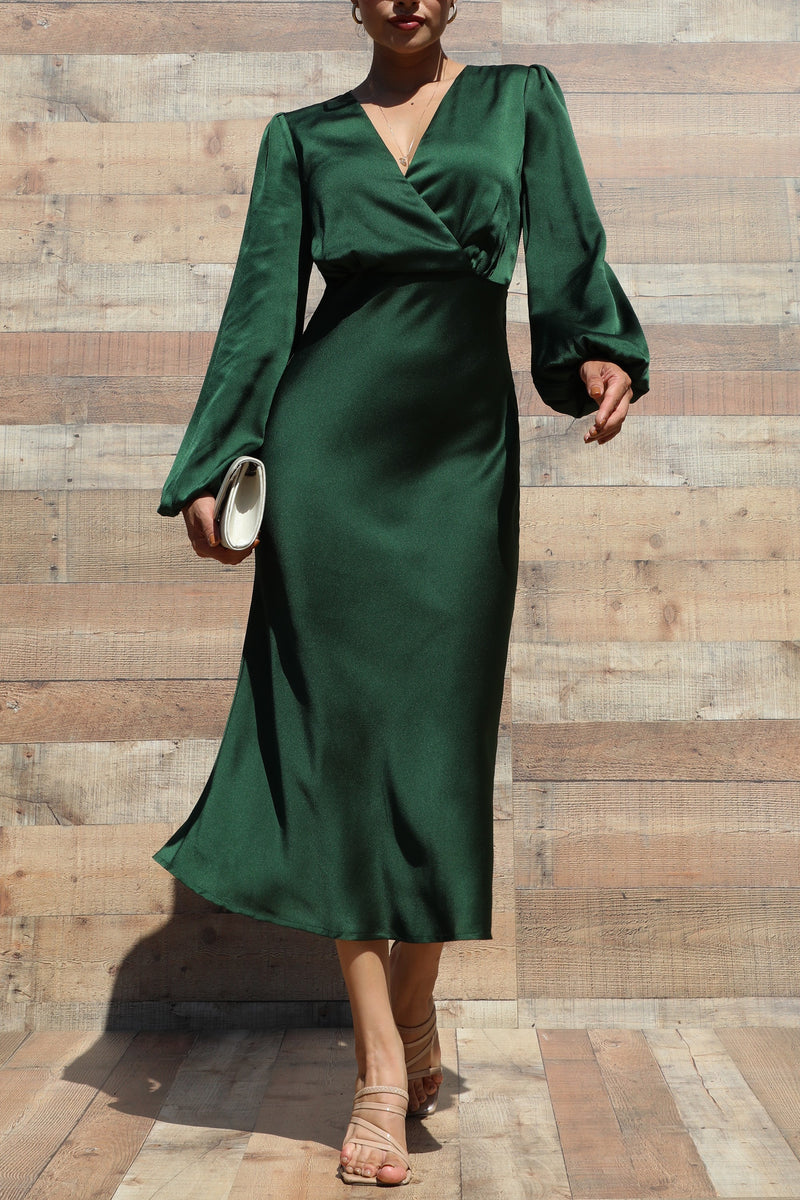 DD7485, V NECK SATIN MIDI DRESS