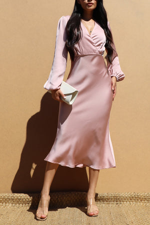 DD7485, V NECK SATIN MIDI DRESS