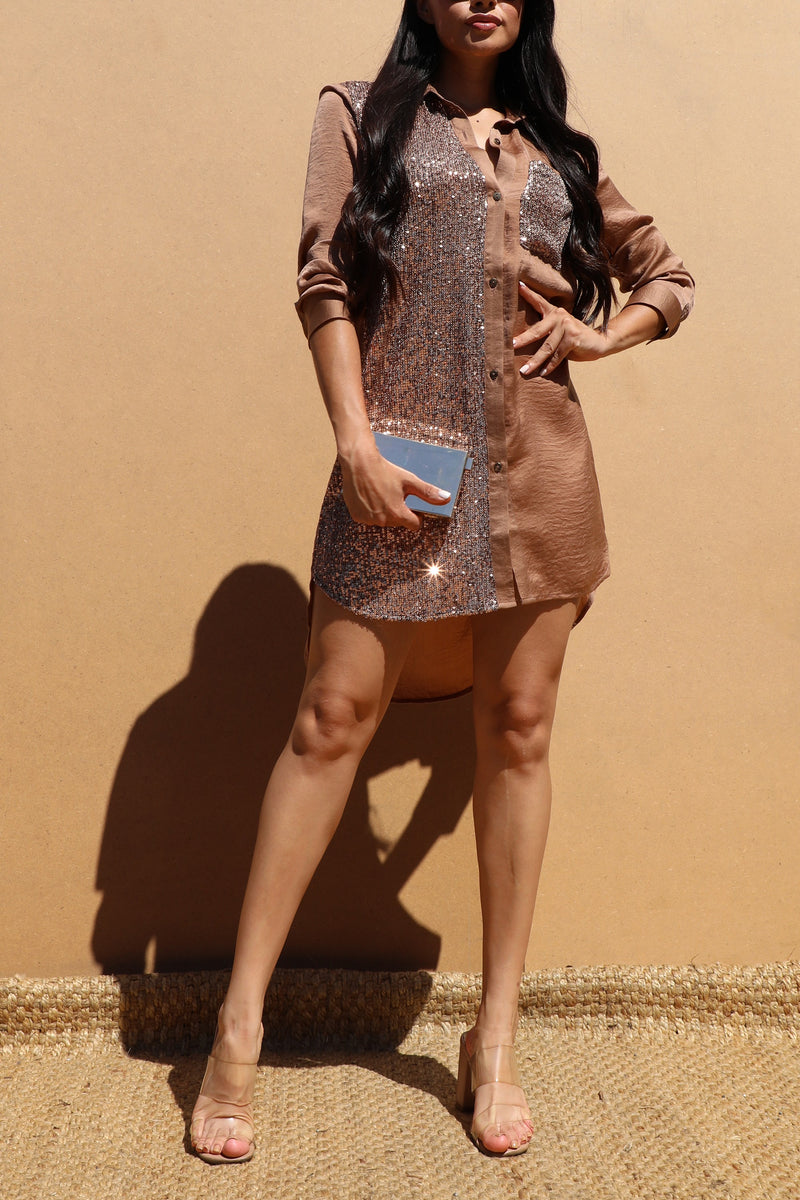 DD7525, BUTTON DOWN SEQUIN SHIRT DRESS