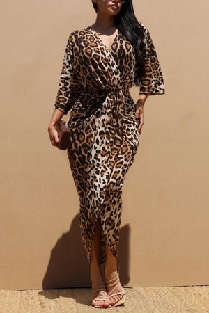 DD7760, LEOPARD RUCHED KNIT BODYCON DRESS