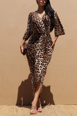 DD7760, LEOPARD RUCHED KNIT BODYCON DRESS